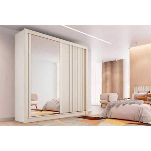 Guarda Roupa Solteiro 2 Portas de Correr (1 Ripada e 1 C/ Espelho) e 4 Gavetas Lugano Off White -