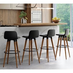 Kit 4 Banquetas Altas Luxo Versatil Aço Preto Linho Preto Base Carvalho - 1