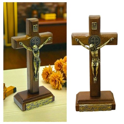 Crucifixo Cruz Medalha São Bento Foi por Você Parede e Mesa 12 Cm