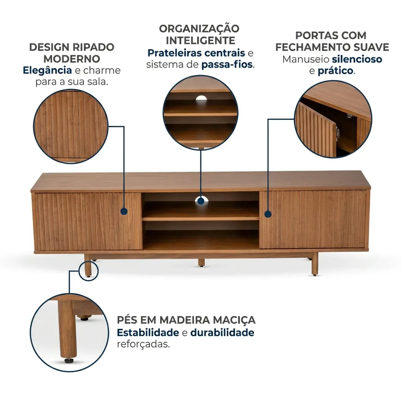 Ver imagem 6 de Rack Ripado para TV até 65 Polegadas em MDF/Madeira Maciça 180cm Rischio Cappuccino