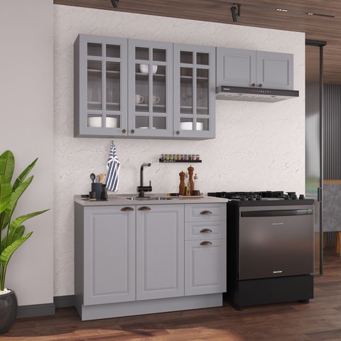 Cozinha Modulada 3 Peças Balcão sem Tampo Armário Aéreo com Vidro 100% MDF com Rodapé Bari Cinza/Titanio Fosco
