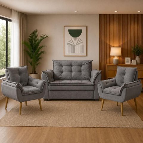 Sofá Conjunto Poltrona e Sofá Pequeno 2 Lugares Fixo 140cm Cinza