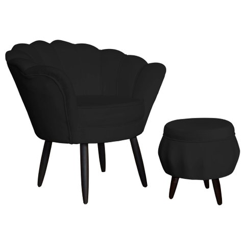 Jogo Poltrona Estofada Com 1 Puff Pés Palito Clínica Pétala Suede Preto - LM DECOR