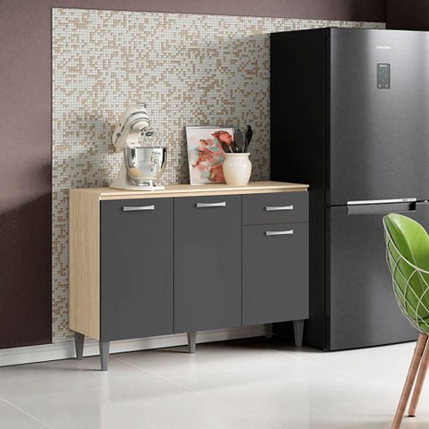 Balcão Cozinha com Tampo 120cm 3 Portas Joana A09 - D'Rossi Avena e Grafite