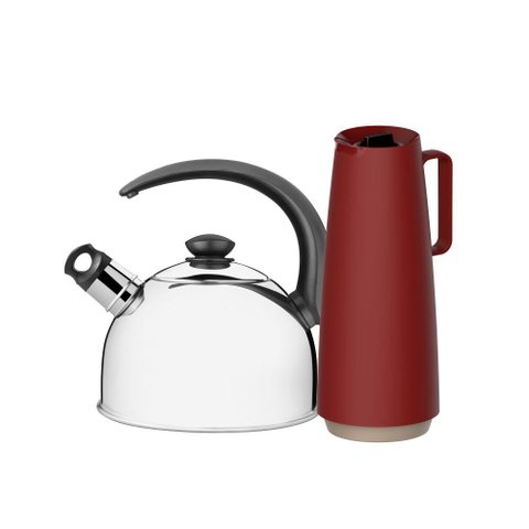 Chaleira em Aço Inox com Apito 2,1l e Bule Garrafa Térmica 1l Vermelho Tramontina