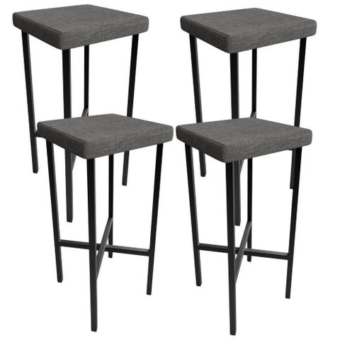 Kit 04 Banquetas Alta Bar Cozinha Sala de Jantar Preto Stella L02 Linho Cinza Escuro - Lyam Decor