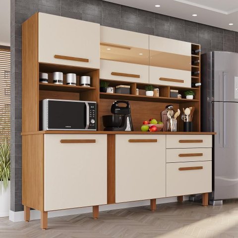 Cozinha Amanda com Espelho 6 Portas 2 Gavetas MDF-MDP 182cm Cinamomo e Arenas Tudo de Móveis