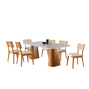 Conjunto Sala de Jantar 6 Lugares Oslo Mesa e Cadeiras Organicas Madeira Maciça Linho Creme