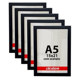 Kit 05 Molduras A5 15x21cm com Acetato e Fundo para Quadros Diplomas Certificados Fotos Cor:preto - 1