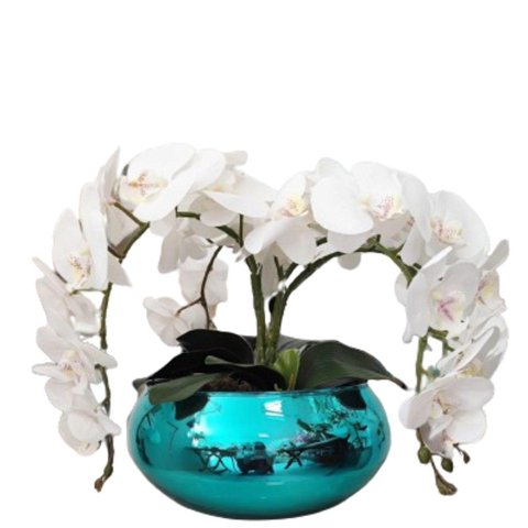 Arranjo de Mesa com 4 Flores Orquídeas Brancas Vaso Azul