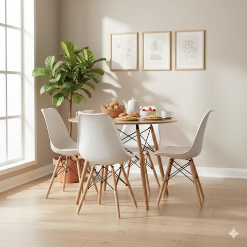Conjunto Mesa Redonda Eames Madeira 90cm + 4 Cadeiras Saarinen Dsw Sala Cozinha Jantar La Mobilia