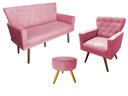Ver imagem 1 de Kit Namoradeira + 1 Poltrona Decorativa Aurora + Puff Redondo Suede Rosa Pés Madeira Mz Decor