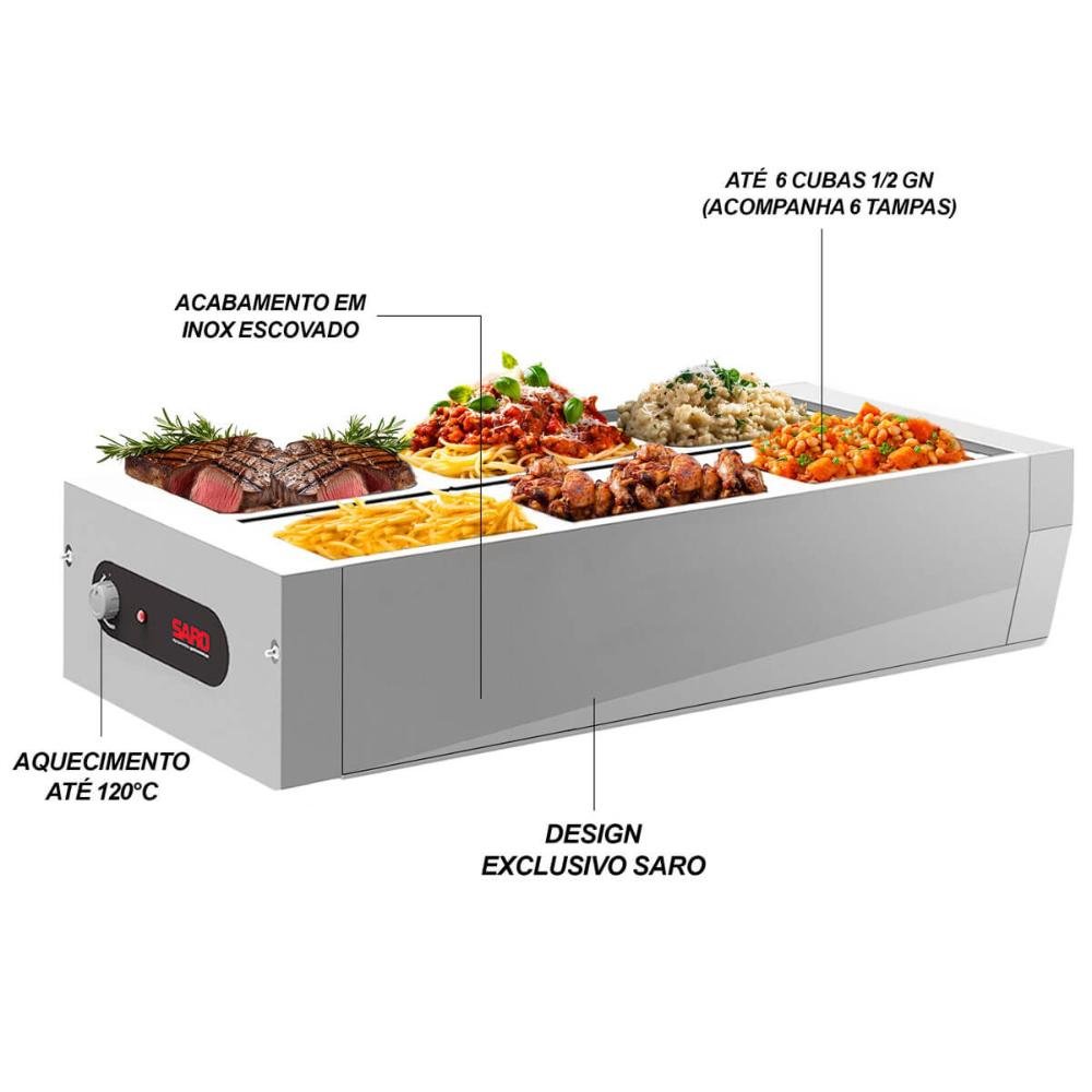 Buffet de Mesa Térmico Aquecido de Inox 6 Cubas 1/2 Tampa 220v para Restaurantes - 3