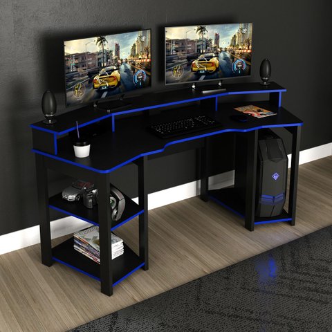 Mesa Gamer Tecno Mobili Design Arqueado C/Suporte para Copos: Preto com Azul