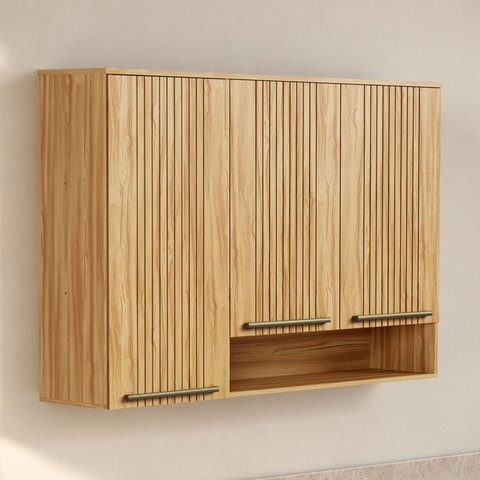 Armário Aéreo de Cozinha 120cm com 3 Portas Frisadas e Nicho 100% MDF Itália Yescasa Amarelo/Amêndoa