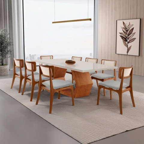 Sala de Jantar Mesa Ane 220cm Tampo Laqueado com Vidro Canto Moeda com 8 Cad Viena