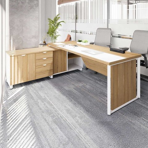 Mesa de Escritório Executiva com Armário Lateral e Caixa de Tomadas 3 Gavetas 200cm Corporate Macadâ