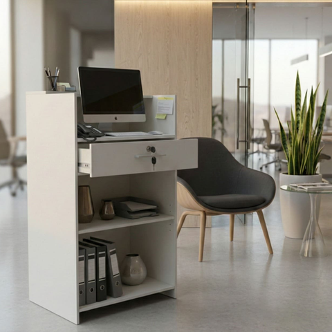 Balcão de Recepção com Gaveta de Chave e Prateleiras – Branco