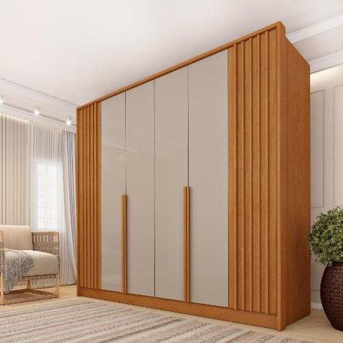 Guarda Roupa Casal MDF 6 Portas 4 Gavetas Ripado 240cm Guarani Cinamomo/Off White - TCIL Móveis