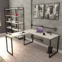 Ver imagem 1 de Conjunto 3 Peças com Mesa para Escritório em L Kuadra e 2 Estantes Multiuso 5 Prateleiras Industrial Preta Bege
