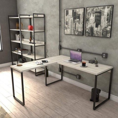 Conjunto 3 Peças com Mesa para Escritório em L Kuadra e 2 Estantes Multiuso 5 Prateleiras Industrial preta