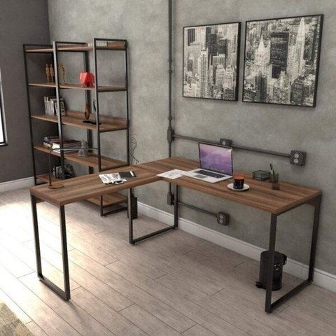 Conjunto 3 Peças com Mesa para Escritório em L Kuadra e 2 Estantes Multiuso 5 Prateleiras Industrial Preta Marrom