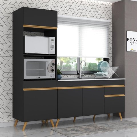 Cozinha Compacta Veneza GB Multimóveis MP2078 com Armário e Balcão Preta