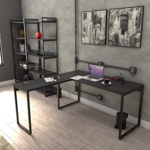 Kit 3 Peças com Mesa para Escritório em L Kuadra e 2 Estantes Multiuso 5 Prateleiras