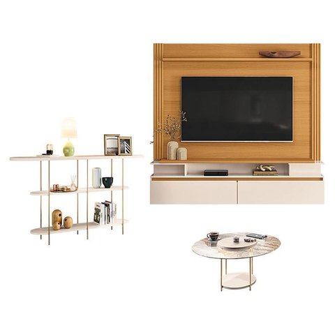 Home Suspenso Astor Cinamomo Off White com Mesa de Centro Sky com Tampo de Vidro e Aparador Infinity
