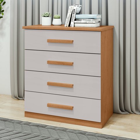 Cômoda para Quarto 4 Gavetas Puxadores Cromados Baião 88cm Bege Amêndoa Clean/Off White
