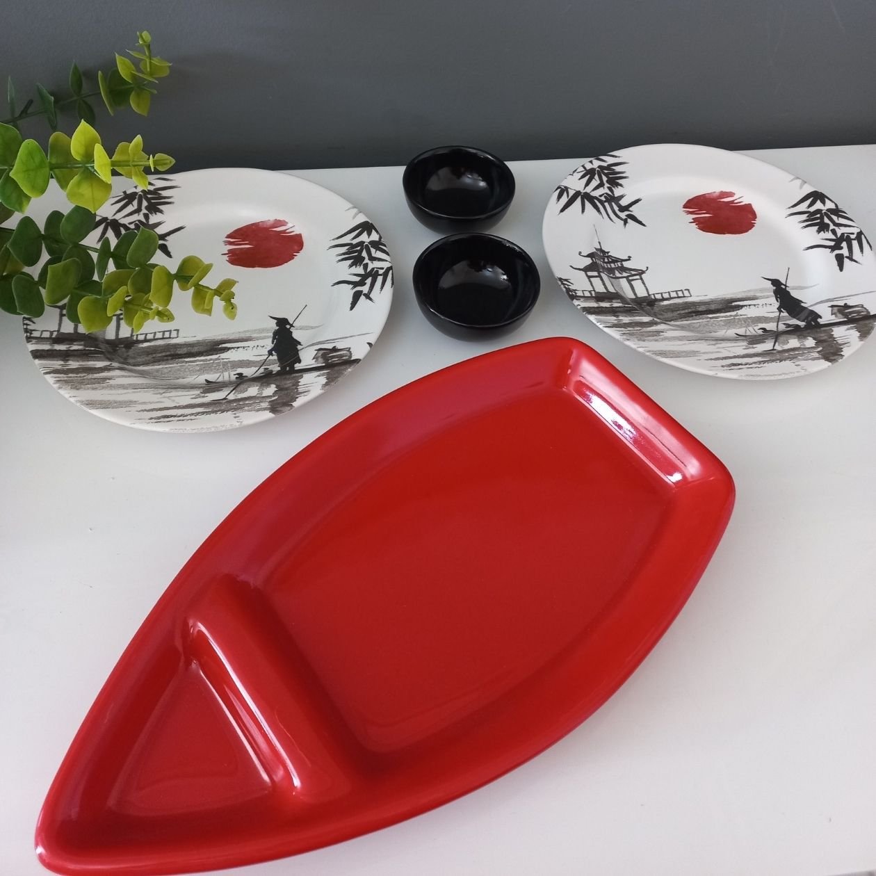 Kit Pratos Sobremesa Cerâmica Porta Shoyo e Barca Sushi 5 Peças Alleanza Japones mesa posta servir S