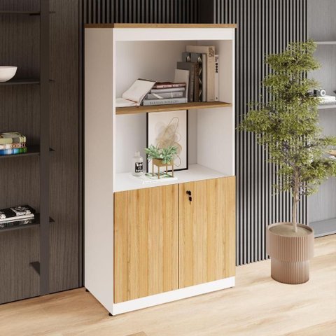 Estante Armário para Escritório 2 Portas com Chave 1 Prateleira MDP 80cm Macadâmia com Branco