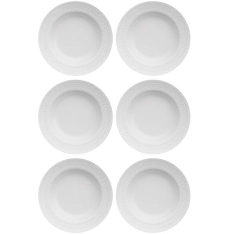 Jogo 6 Pratos Fundos Redondos 23,5cm Porcelana Relevo Germer Branco Mesa Posta