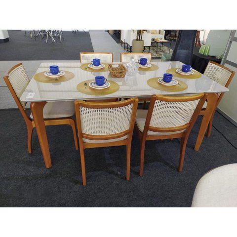 Sala de Jantar Madeira Maciça com Vidro 6 Cadeiras 1,80x1,0m - Esparta - Requinte Salas