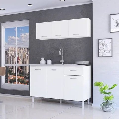 Cozinha Modulada Alice 120cm Armário Aéreo e Balcão para Pia Branca Poquema