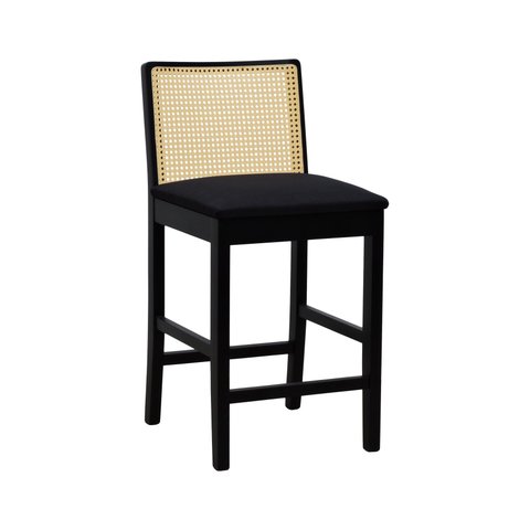 Banqueta Média Pérola Madeira Maciça com Telinha c/ 62cm Altura - Preto Assento Estofado Linho Preto