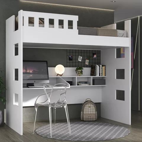 Cama Solteiro Alta com Escrivaninha e Grade de Proteção Branco