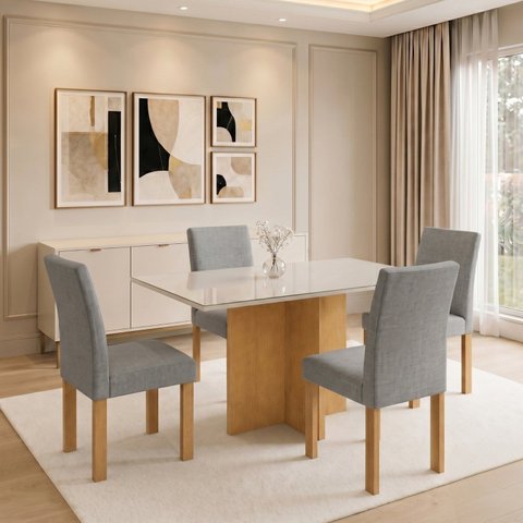 Conjunto Sala de Jantar 4 Lugares Retangular Tampo Vidro/MDF 120x80cm Mesa Carol e Cadeiras Espanha