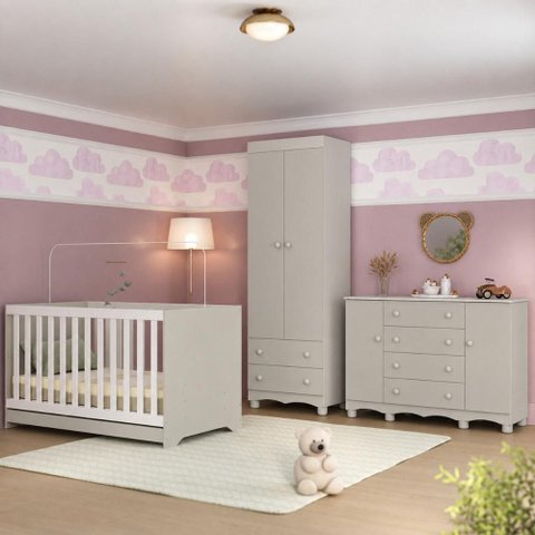 Quarto de Bebê Completo com Berço Americano 3 em 1 p/Colchão 130x70cm Dengo Multimóveis MP4596