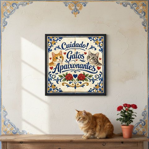 Quadro Cuidado Gatos Apaixonantes 33x33cm Mold Preta Vidro