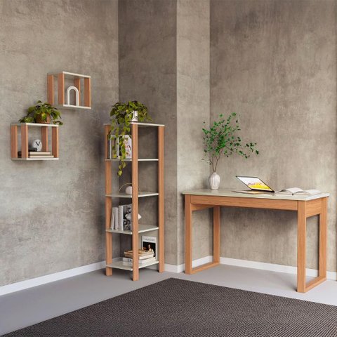 Mesa Escritório com Estante e Nichos Dalla Costa 100% Mdf Cor:off White com Freijó