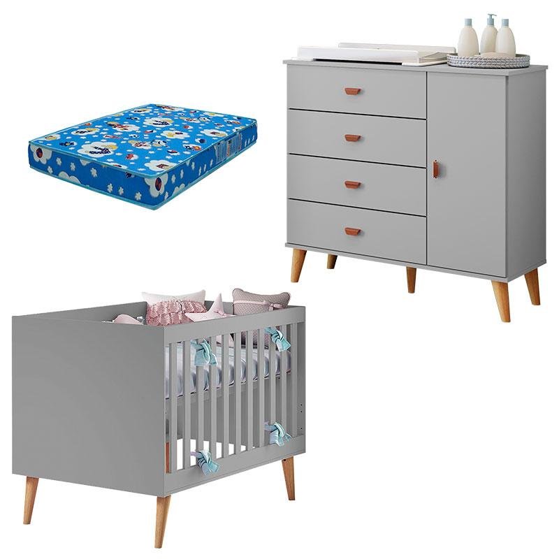 Berço Americano Ludmila com Cômoda Infantil Duda Cinza Bétula e Colchão Ortobom - Carolina Menor preço em Berço Americano Ludmila com Cômoda Infantil Duda Cinza Bétula e Colchão Ortobom - Carolina