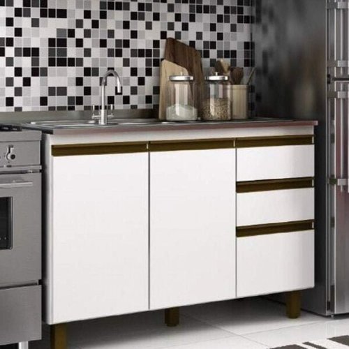 Balcão Pia P/Cozinha 160cm 3 Portas 4 Gaveta Branco sem Tampo