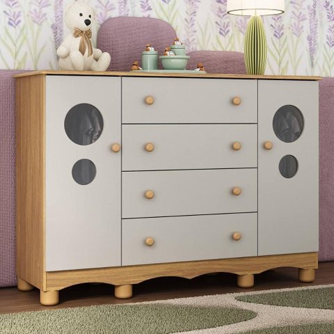 Cômoda Infantil 125cm 2 Portas com Vidro e 4 Gavetas Suspiro Multimóveis Mp4460 Madeirado-off