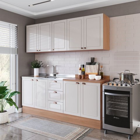 Cozinha Pérola 200cm com Rodapé 4 Peças Off White/Freijó Yescasa