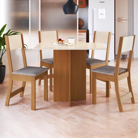 Conjunto Sala de Jantar Fidelitá Roma com 4 Cadeiras Freijó/off-white/linho