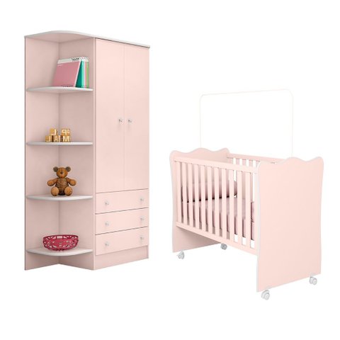 Berço Simples com Colchão Probel e Roupeiro 825 para Quarto de Bebê Infantil Doce Sonho Rosa Qmovi