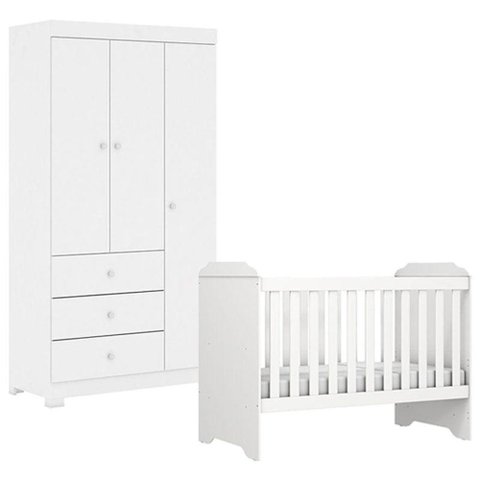 Berço Americano Mini Cama Mel Guarda Roupa Duda 3 Portas Branco Brilho - Phoenix Baby