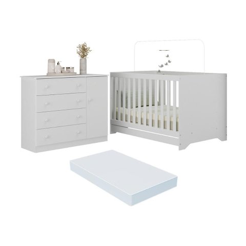 Berço Americano 3 em 1 com Colchão Incluso e Cômoda 1 Porta 4 Gavetas Encanto Multimóveis Mp4695
