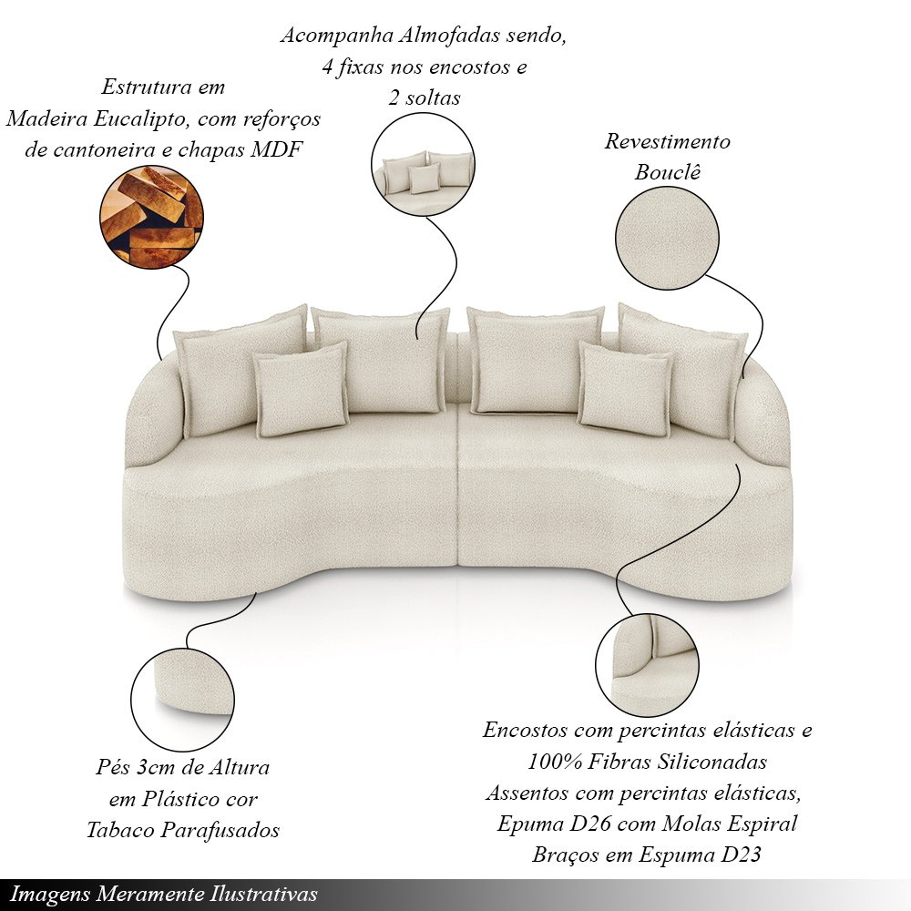 Sofá Living Decorativo Salinas 2 Lugares com Almofadas 210cm Modulado Bouclê Off White G33- Gran Bel - 3